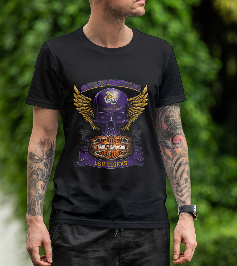 Harley Davidson Lsu Tigers Motorcycles Skull Wings T-Shirt