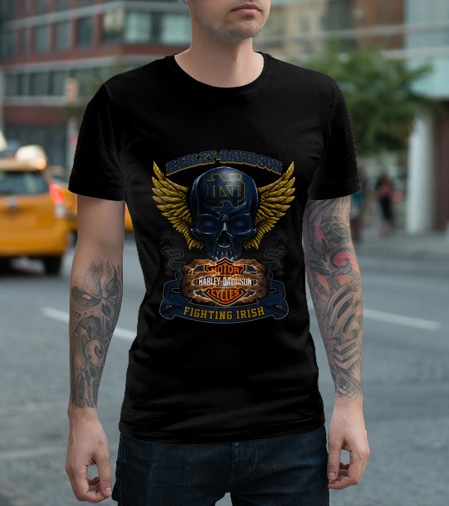 Harley Davidson Notre Dame Nd Motor Cycles Fighting Irish Skull Wings T-Shirt