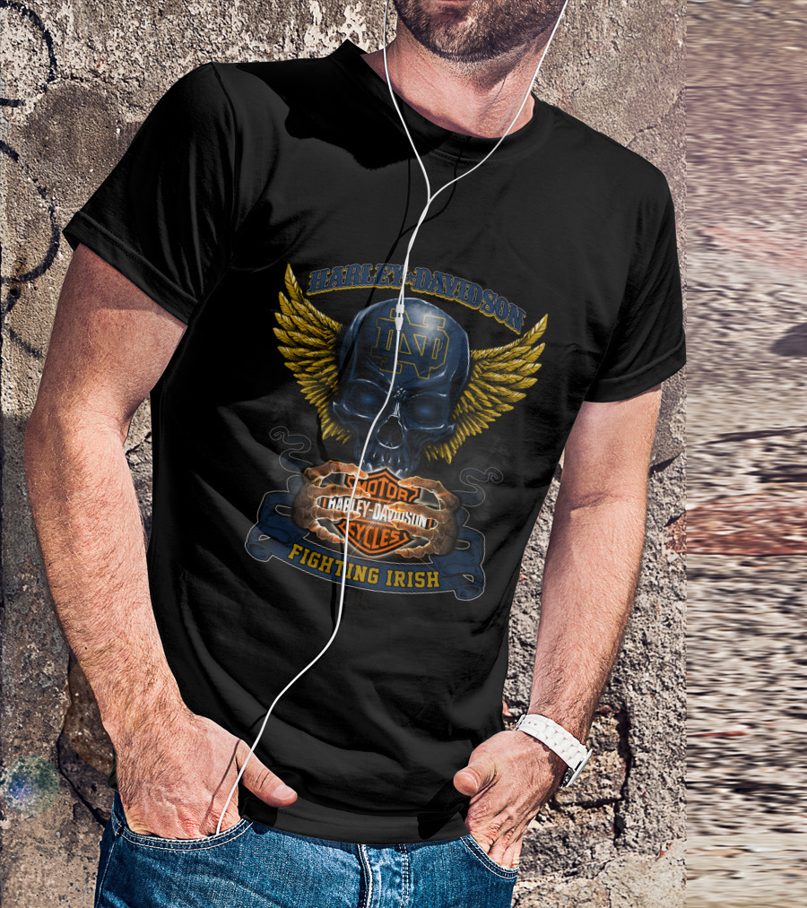 Harley Davidson Notre Dame Nd Motor Cycles Fighting Irish Skull Wings T-Shirt