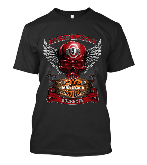 Harley Davidson Ohio State Buckeyes Skull Winged Motorcycles T-Shirt