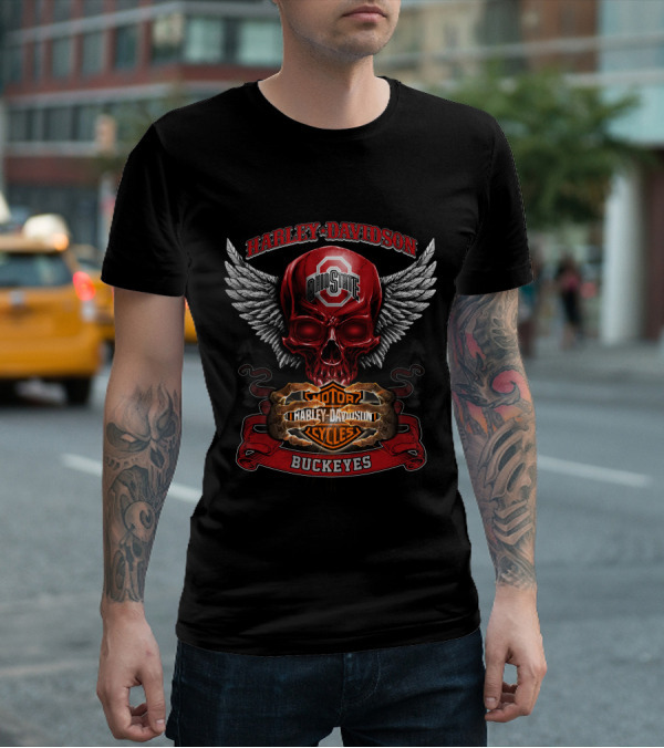 Harley Davidson Ohio State Buckeyes Skull Winged Motorcycles T-Shirt