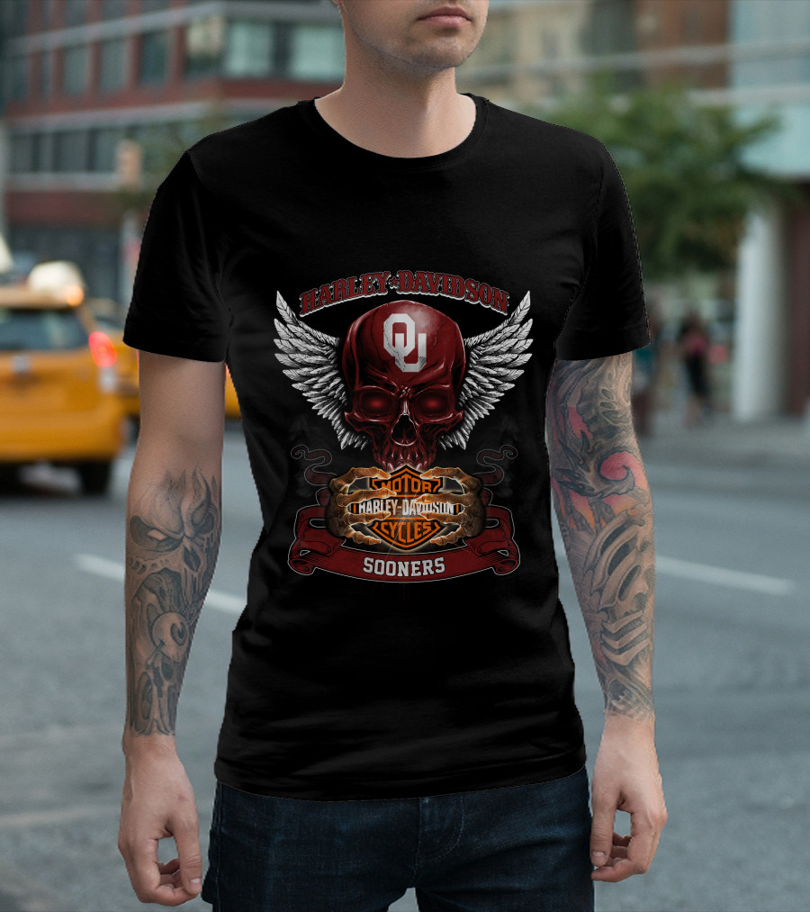 Harley Davidson Oklahoma Sooners Ou Winged Skull Motorcycles T-Shirt