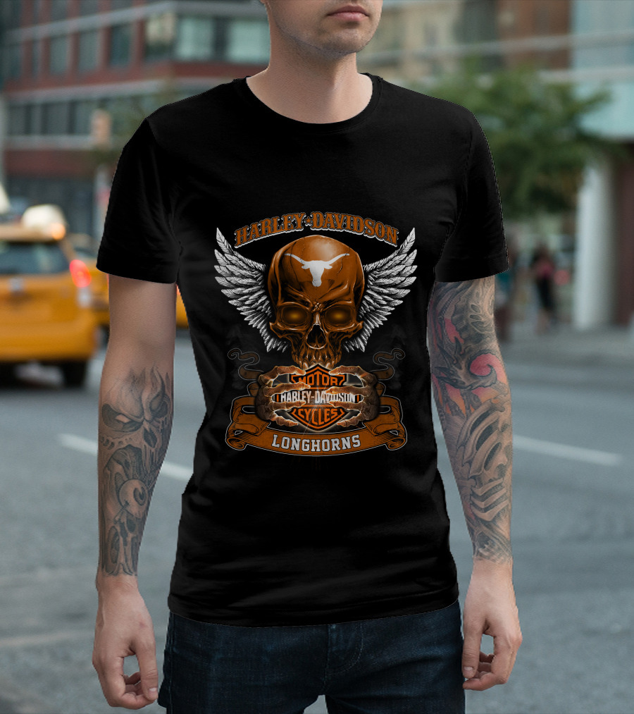 Harley Davidson Longhorns Texas Skull Wings Motorcycles T-Shirt