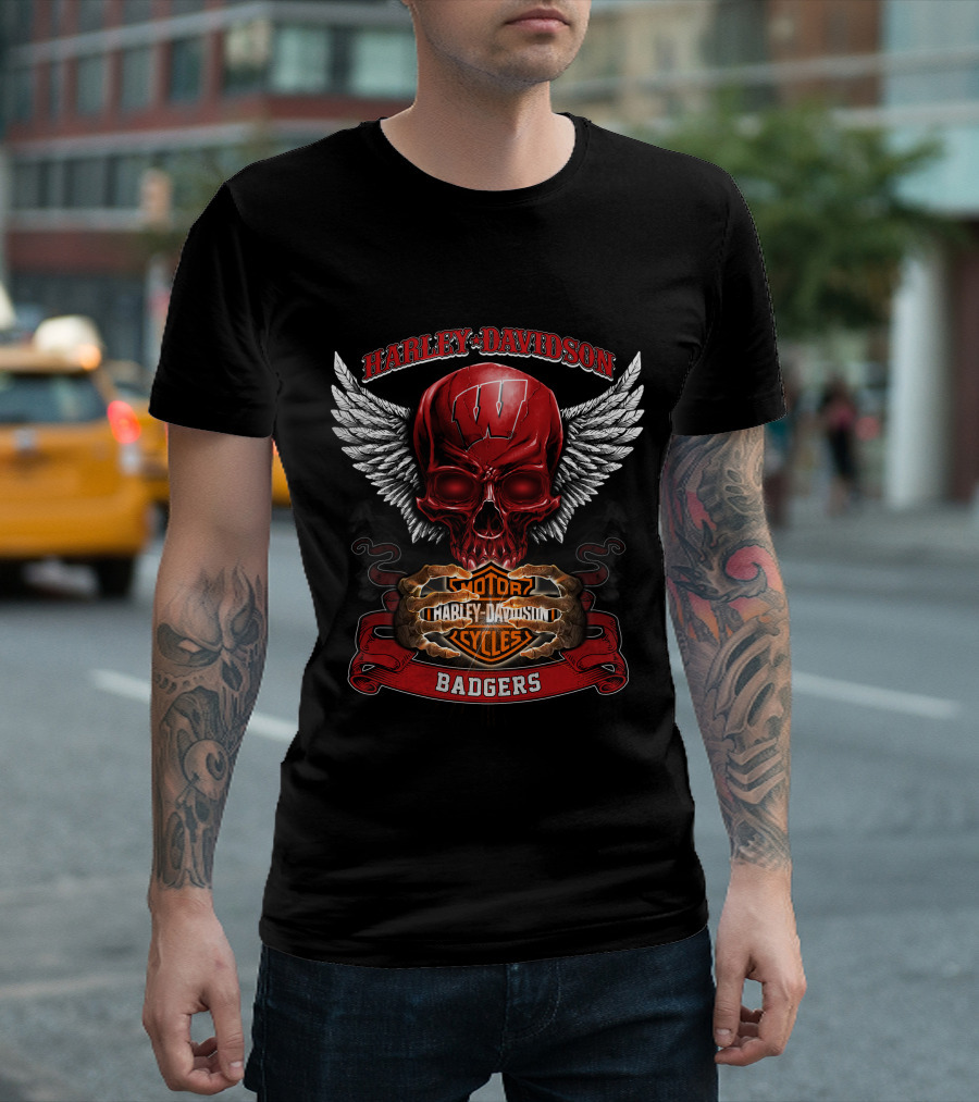 Harley Davidson Wisconsin Badgers Motorcycles Winged Skull T-Shirt