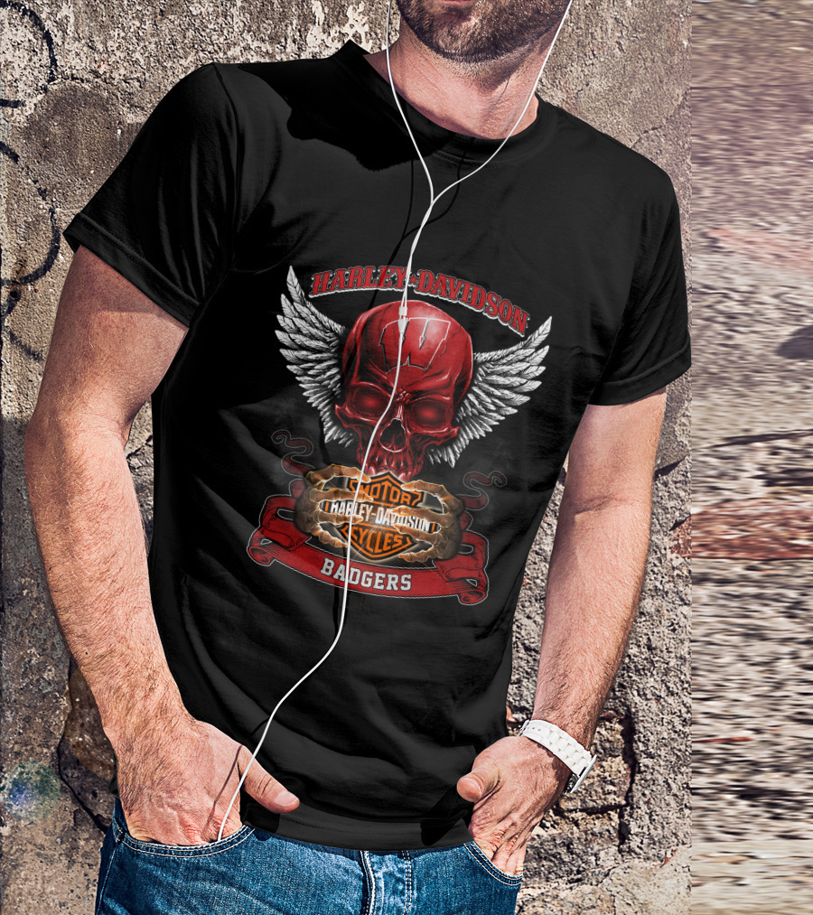 Harley Davidson Wisconsin Badgers Motorcycles Winged Skull T-Shirt