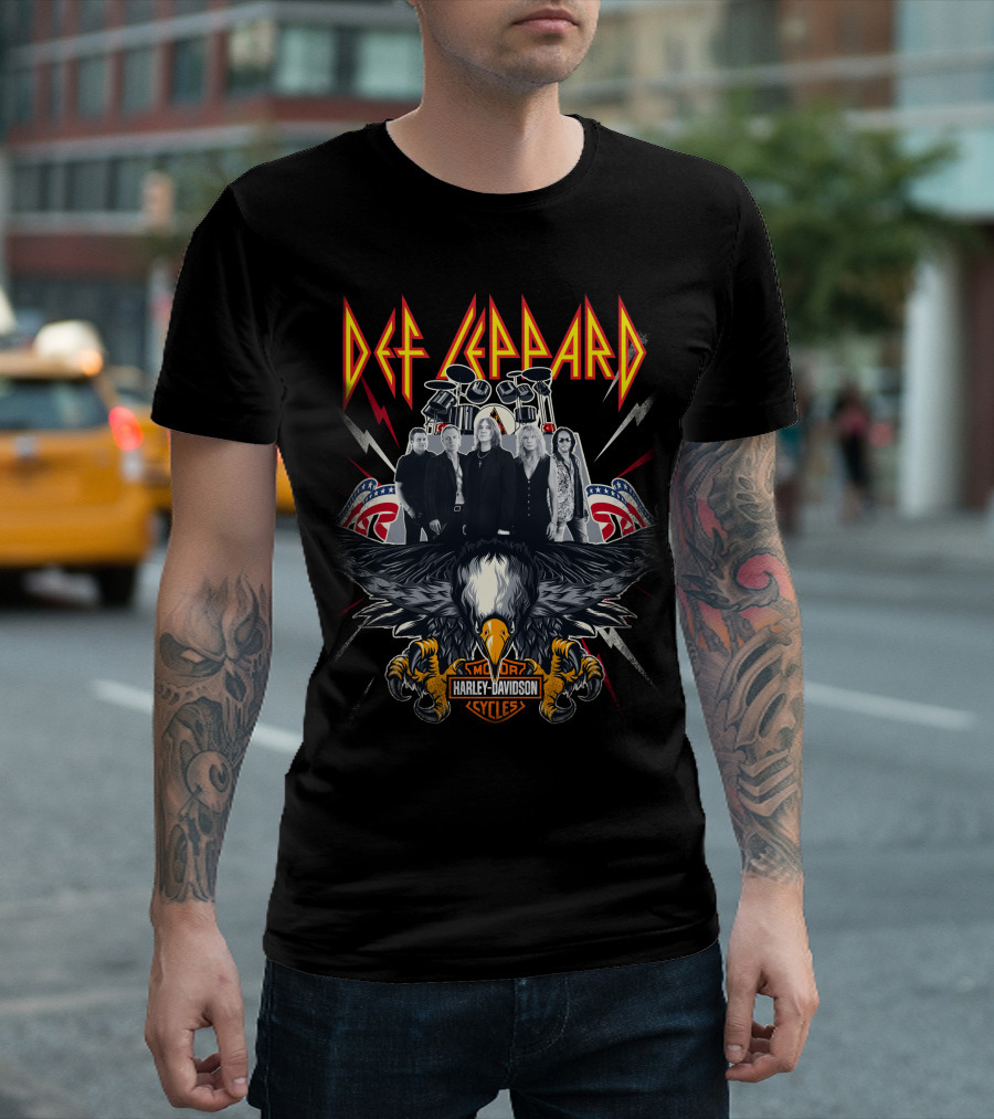 Def Leppard Harley Davidson Motor Cycles Eagle And Band T-Shirt