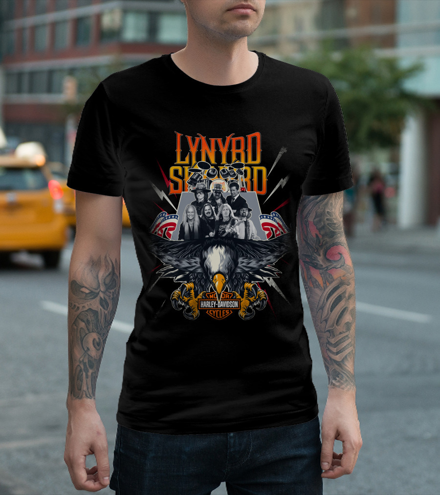 Lynyrd Skynyrd Harley Davidson Motor Cycles Eagle And Band Members With American Flags T-Shirt