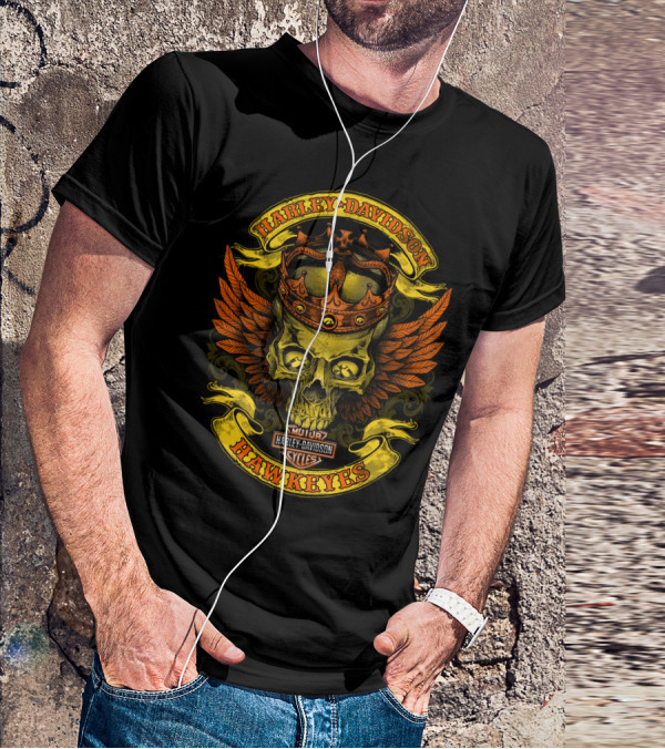 Harley Davidson Hawkeyes Skull Crown Wings T-Shirt