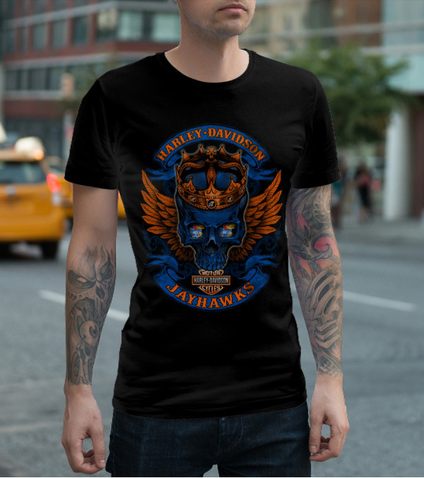Harley Davidson Jayhawks Skull With Crown And Wings T-Shirt