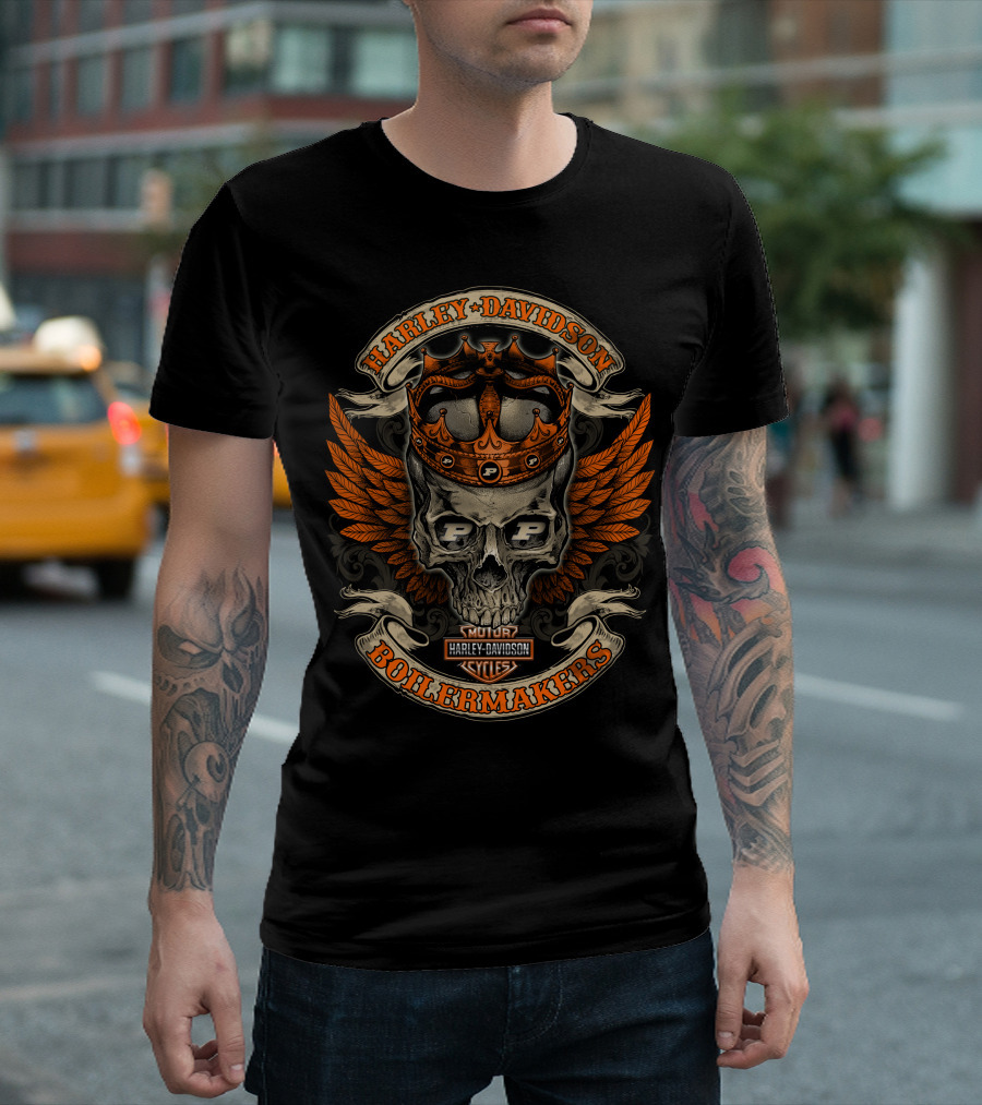 Harley Davidson Boilermakers Skull Crown Wings Motor Cycles Purdue P Shield T-Shirt
