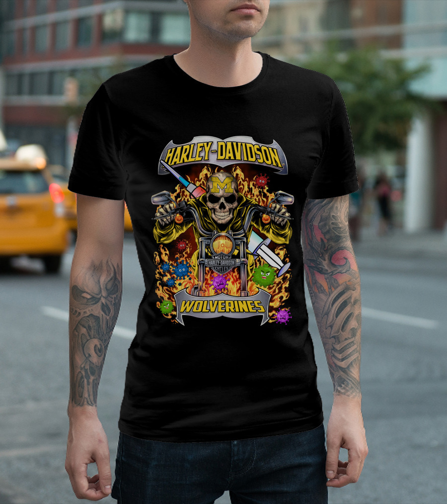 Harley Davidson Michigan Wolverines Skull Motorcycles T-Shirt