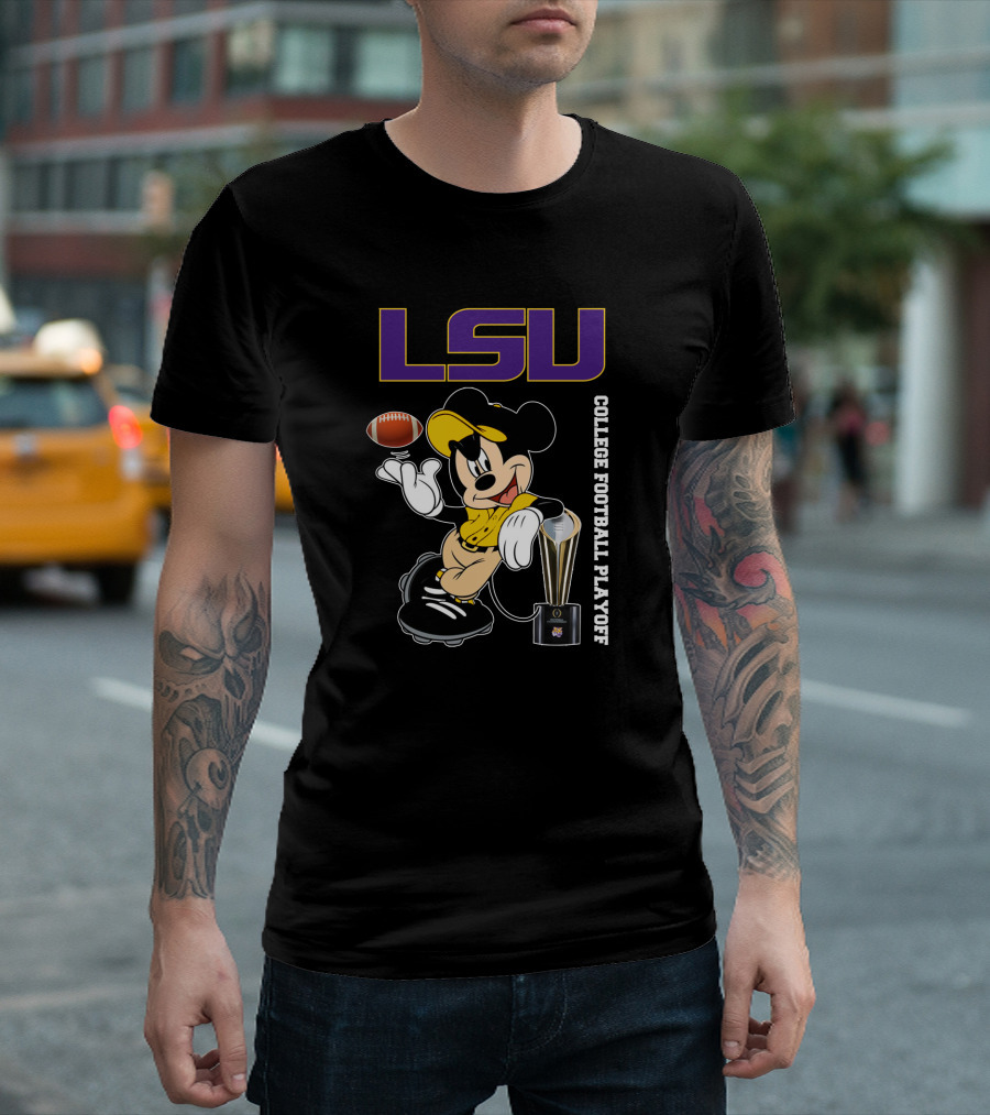 LSU College Football Playoff Mickey Holding Football and Trophy T-Shirt