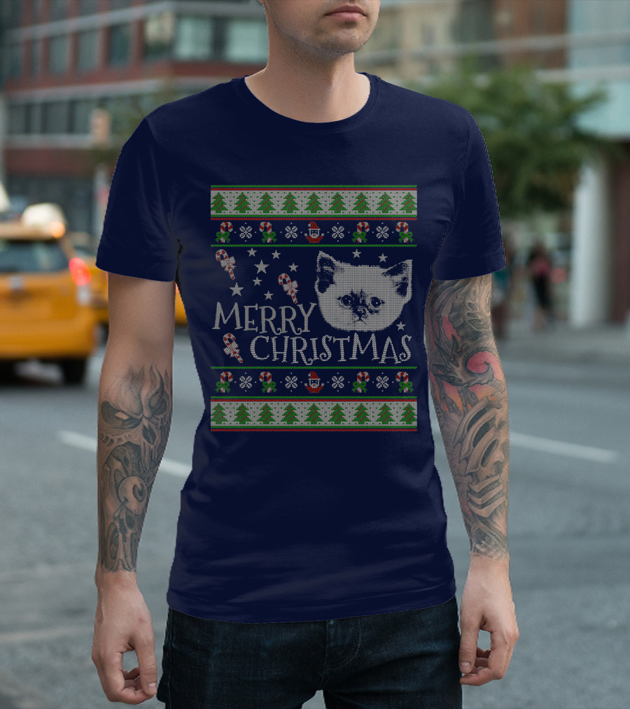 Merry Christmas Cute Persian Kitten Candy Canes Snowflakes Trees T-Shirt
