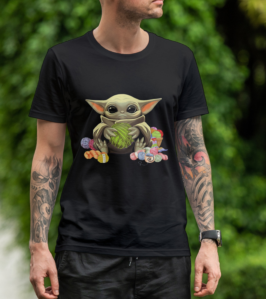 Yoda Baby Holding Yarn Surrounded By Colorful Wool Balls T-Shirt