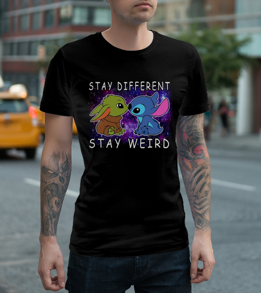 Stay Different Stay Weird Baby Yoda and Stitch Space Background T-Shirt