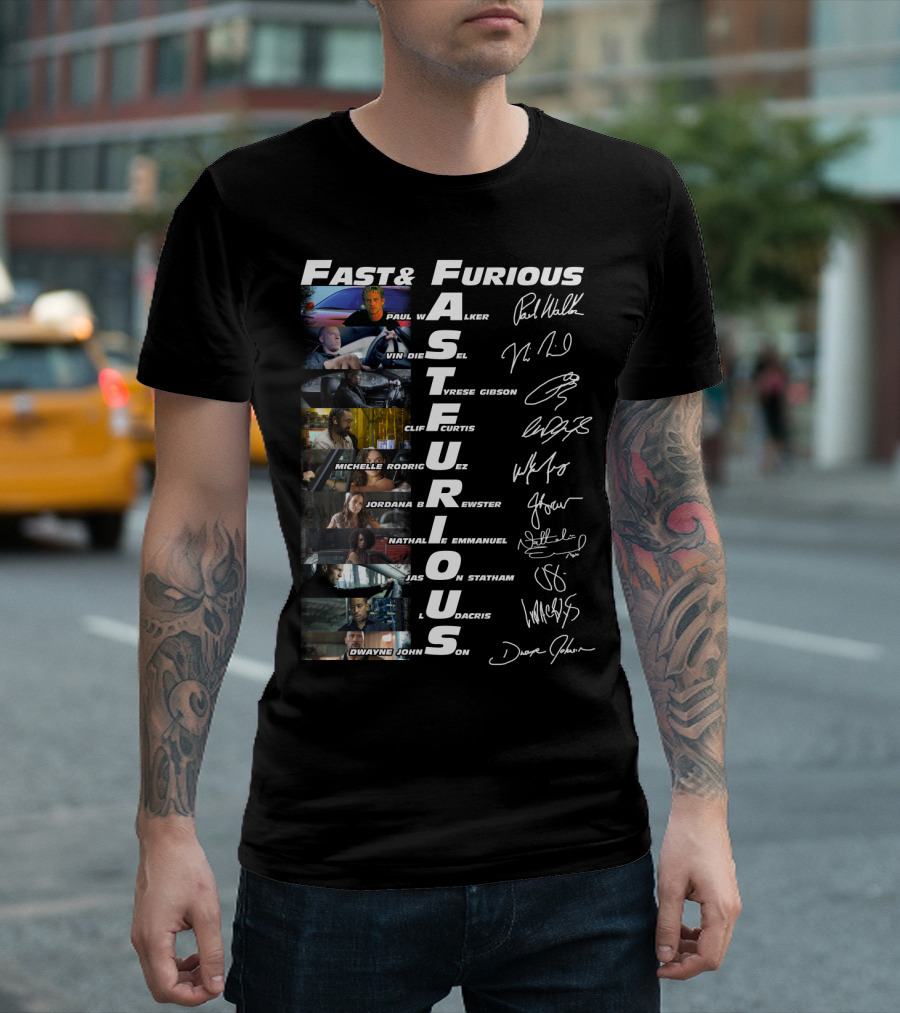 Fast And Furious Paul Walker Vin Diesel Tyrese Gibson Michelle Rodriguez Cast Signatures Thank You For The Memories T-Shirt