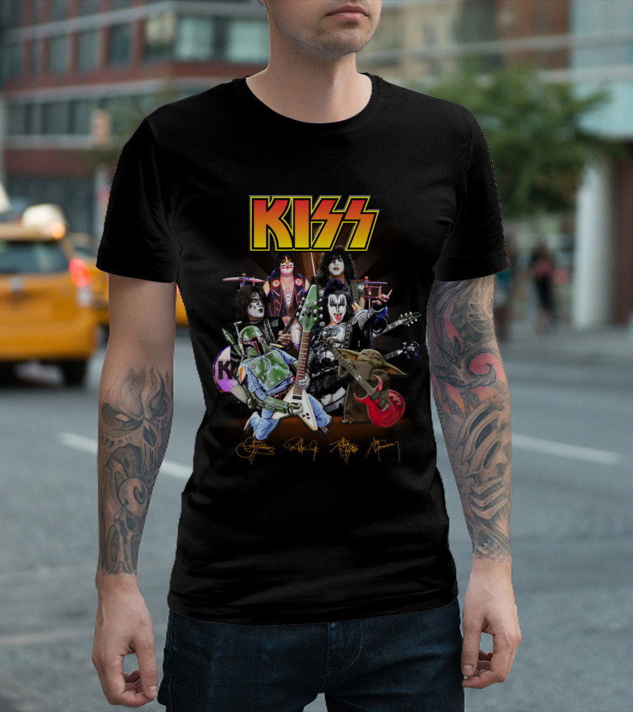 Kiss Star Wars Crossover With Boba Fett And Grogu Guitar Band Members T-Shirt