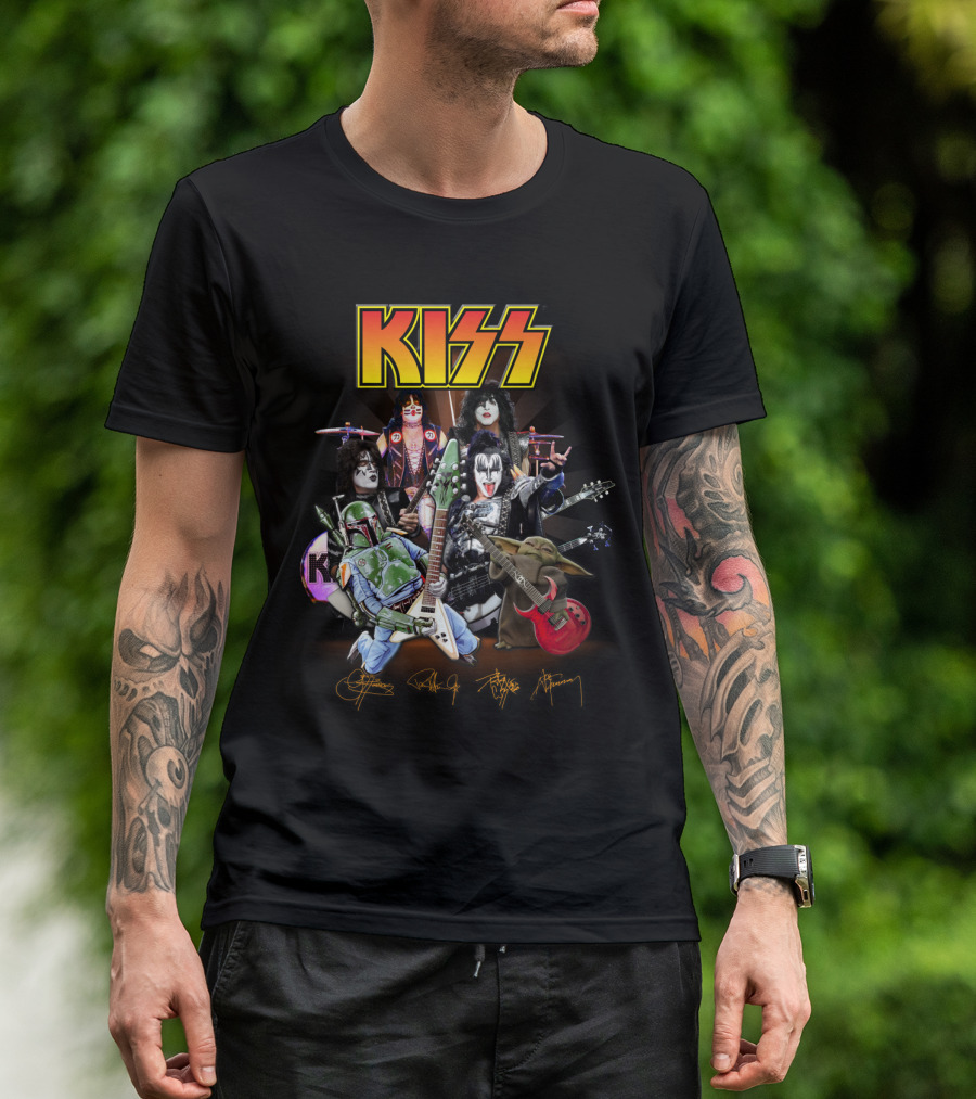 Kiss Star Wars Crossover With Boba Fett And Grogu Guitar Band Members T-Shirt