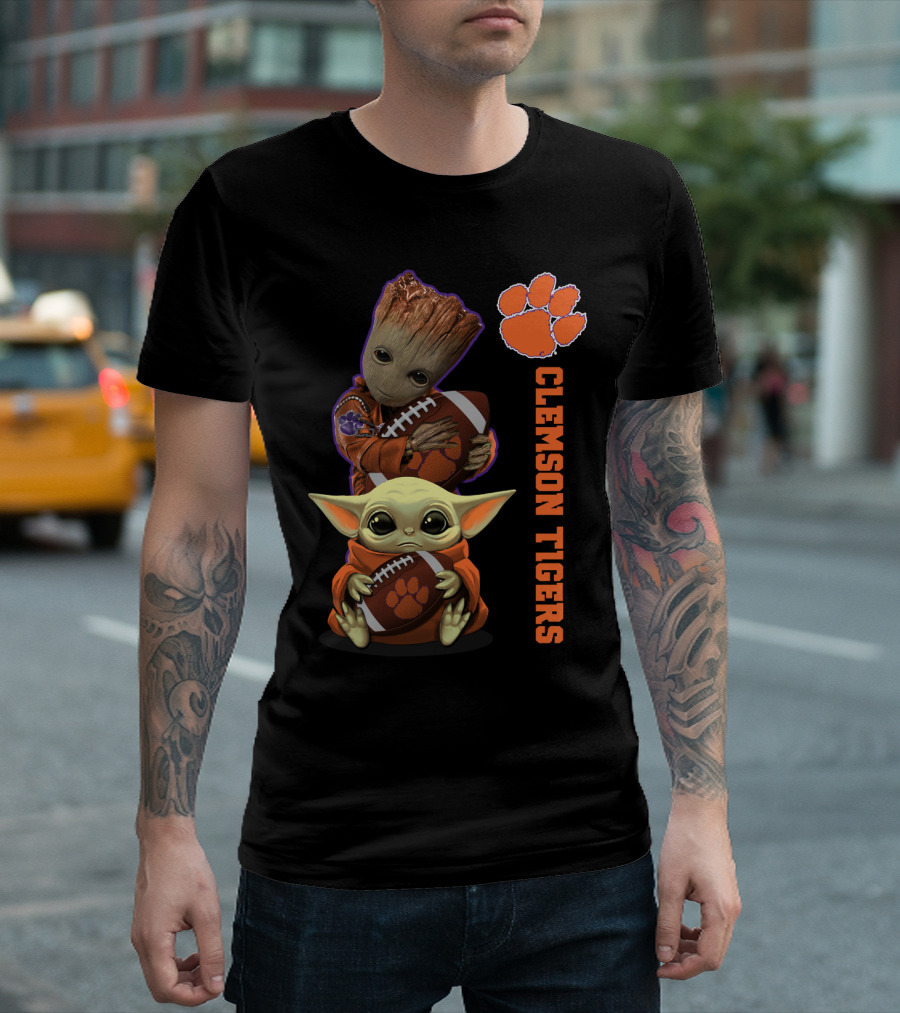 Clemson Tigers Ncaa Baby Groot And Baby Yoda Football Fans T-Shirt