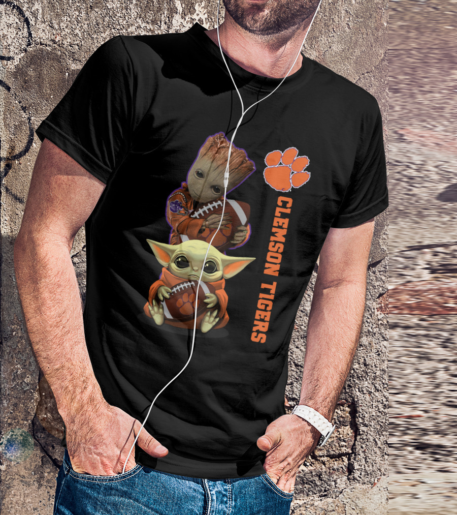 Clemson Tigers Ncaa Baby Groot And Baby Yoda Football Fans T-Shirt