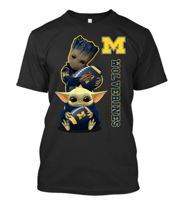 Michigan Wolverines Groot And Baby Yoda Football T-Shirt