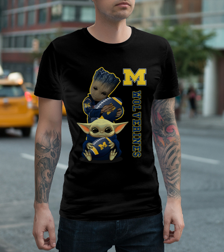 Michigan Wolverines Groot And Baby Yoda Football T-Shirt