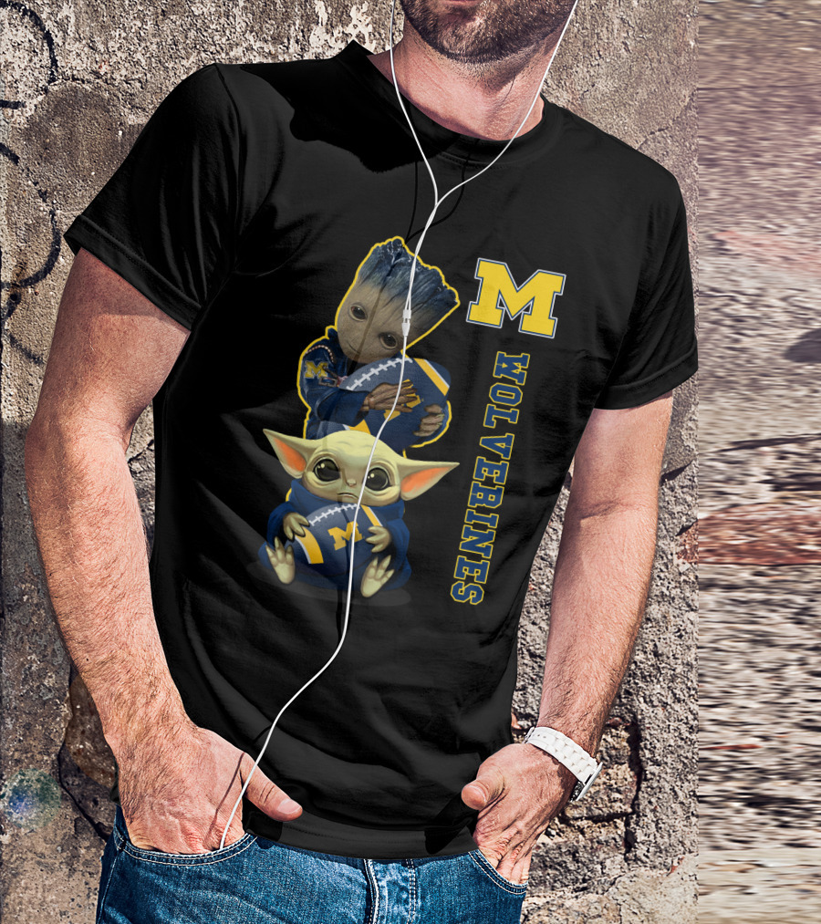 Michigan Wolverines Groot And Baby Yoda Football T-Shirt