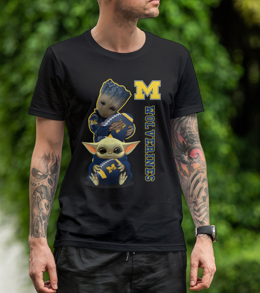 Michigan Wolverines Groot And Baby Yoda Football T-Shirt