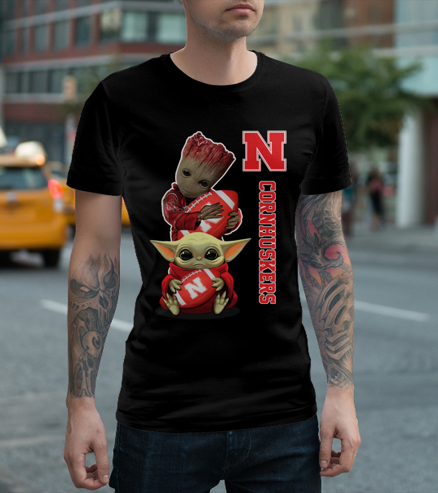 Nebraska Cornhuskers Groot And Baby Yoda Football T-Shirt