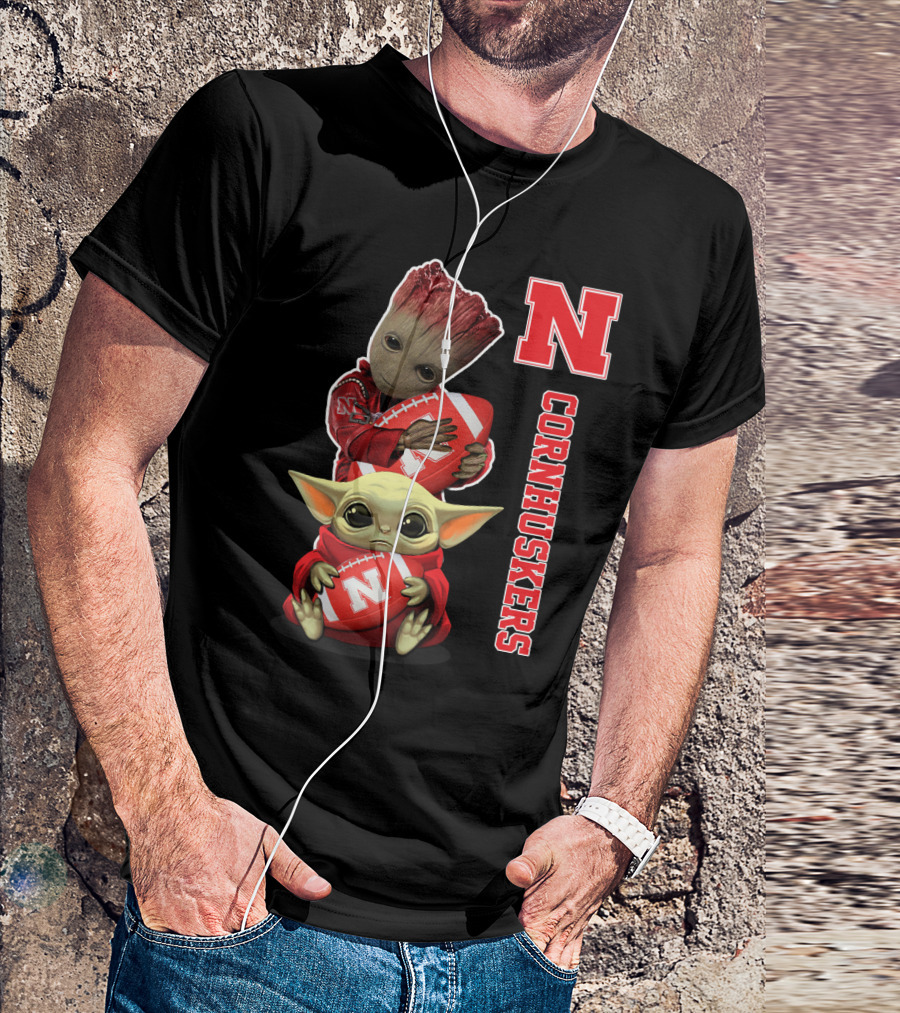 Nebraska Cornhuskers Groot And Baby Yoda Football T-Shirt