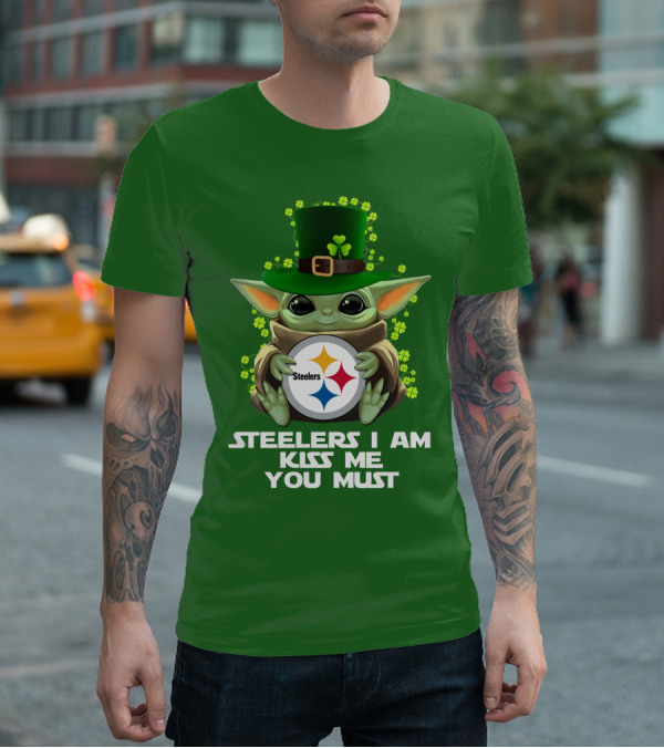 Steelers I Am Kiss Me You Must Baby Yoda St. Patrick's Day T-Shirt