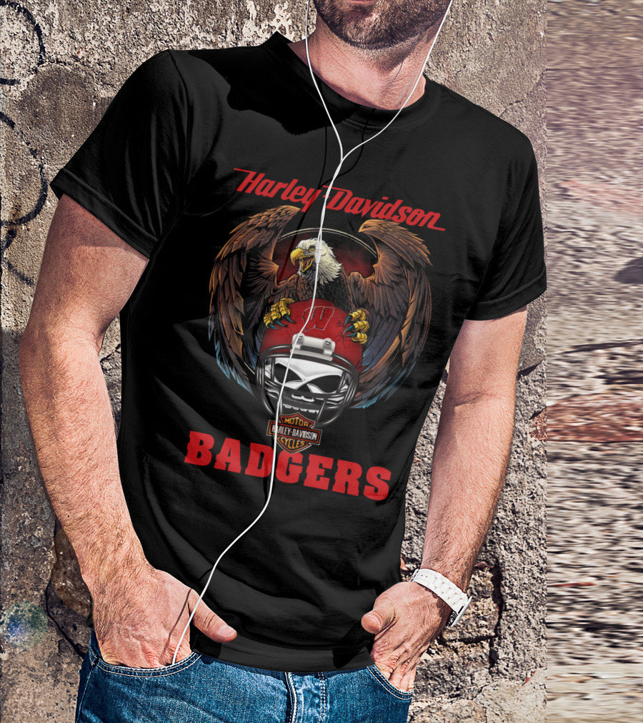 Harley Davidson Badgers Motorcycles Ncaa Football Helmet Eagle T-Shirt