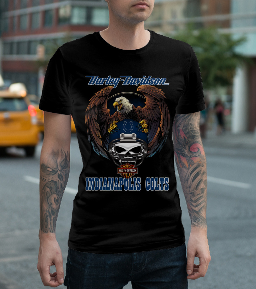 Harley Davidson Indianapolis Colts Bald Eagle Skull Helmet T-Shirt