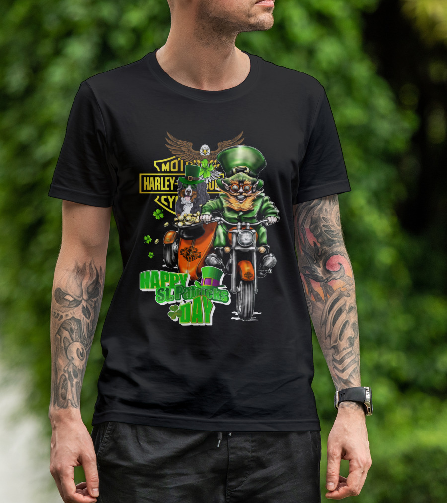Happy St. Patrick's Day Harley Davidson Leprechaun And Bernese Mountain Dog Ride T-Shirt