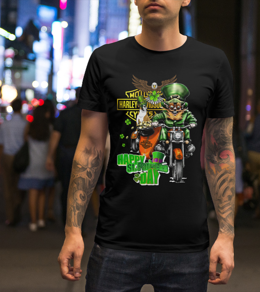 Happy St. Patricks Day Harley Davidson Motorcycles Cycle Riding Leprechaun And Boxer T-Shirt
