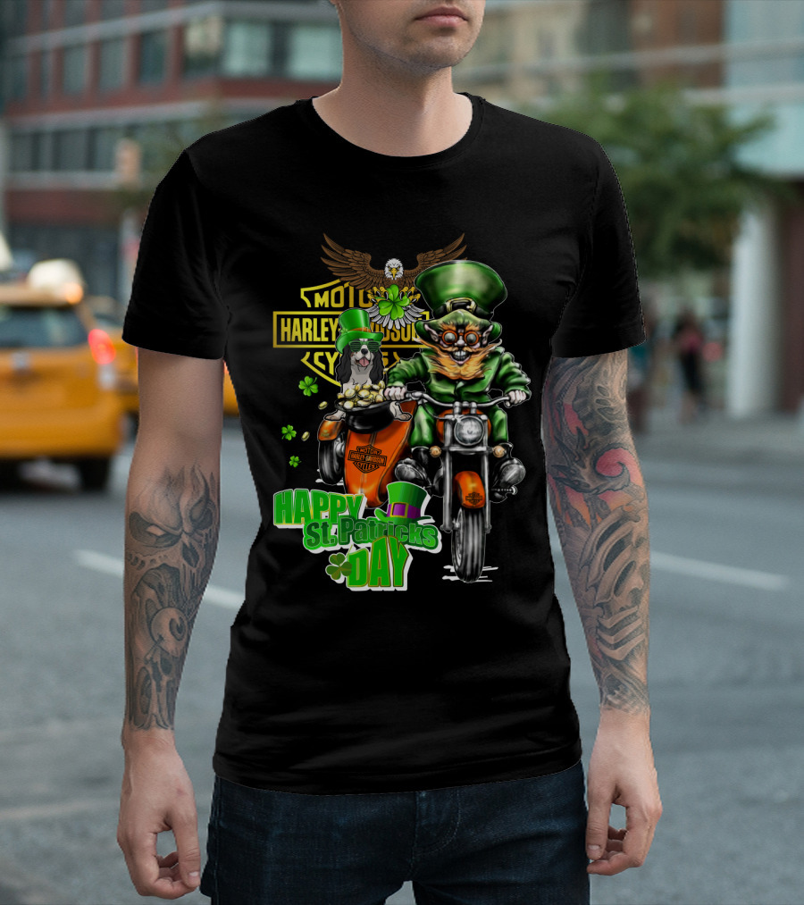Harley Davidson Happy St. Patrick's Day Cavalier King Charles Spaniel Motorcycle Rider T-Shirt
