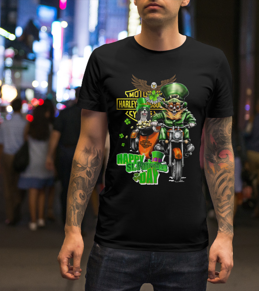 Harley Davidson Happy St. Patrick's Day Cavalier King Charles Spaniel Motorcycle Rider T-Shirt