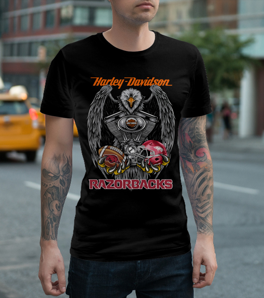 Harley Davidson Razorbacks Ncaa Football Helmet And Eagle Engine T-Shirt