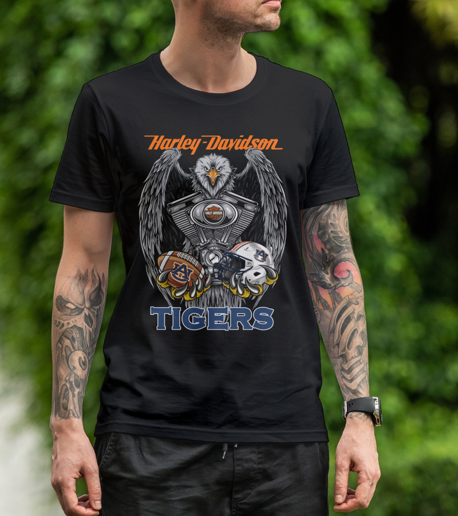 Harley Davidson Auburn Tigers Football Ncaa Helmet And Eagle Engine T-Shirt