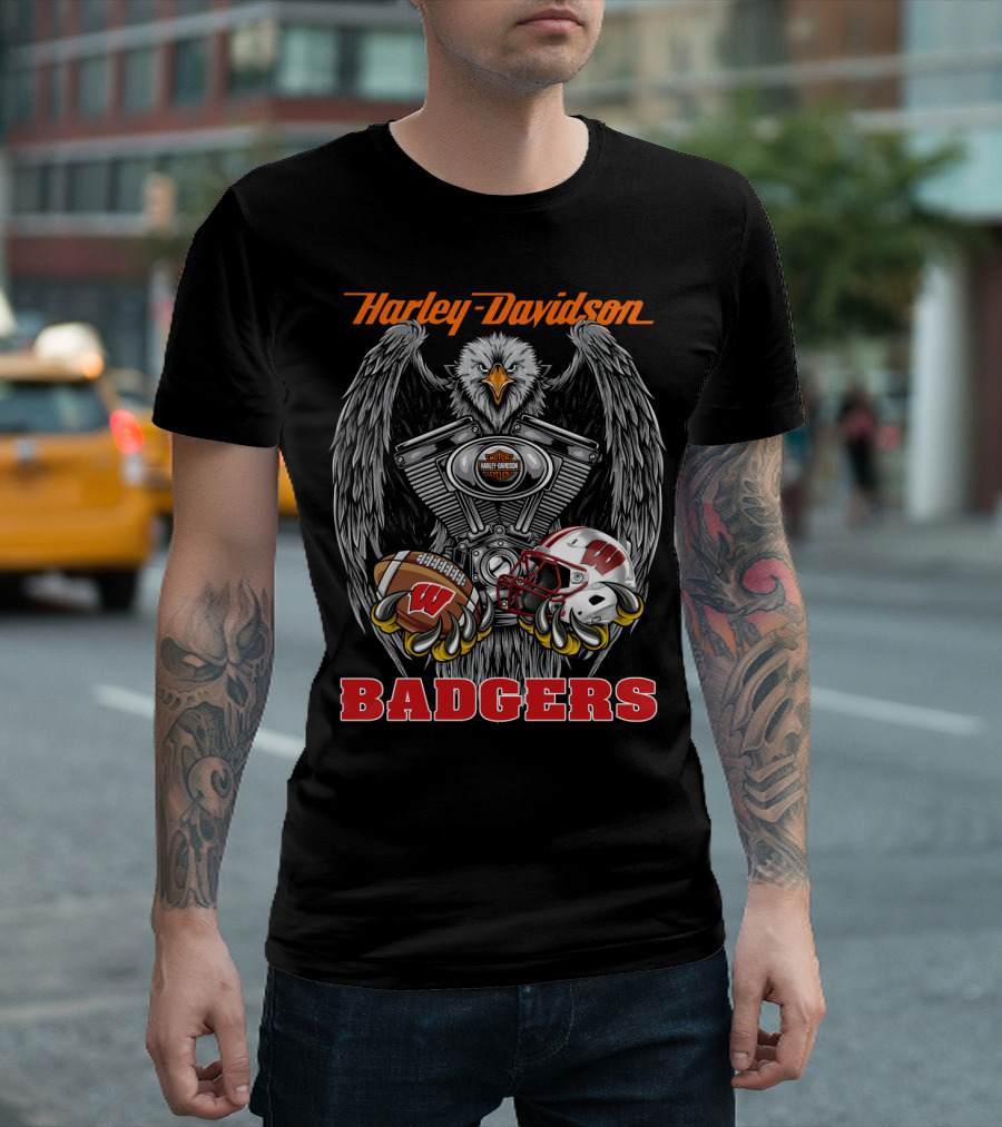 Harley Davidson Badgers Wisconsin Football Ncaa Eagle Engine T-Shirt