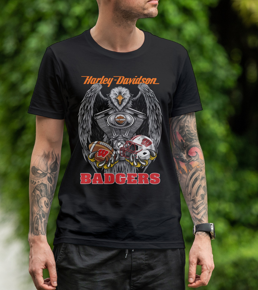 Harley Davidson Badgers Wisconsin Football Ncaa Eagle Engine T-Shirt