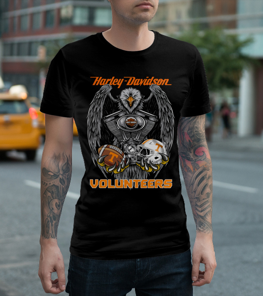 Harley Davidson Volunteers Ncaa Football Tennessee Helmet And Ball Eagle Engine T-Shirt