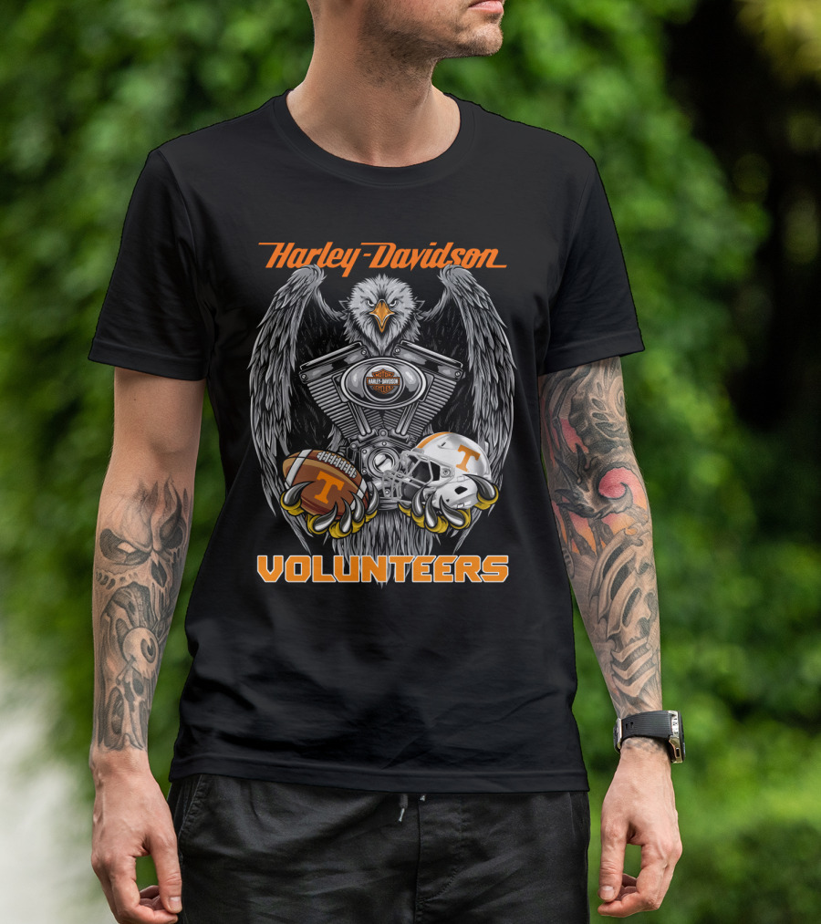 Harley Davidson Volunteers Ncaa Football Tennessee Helmet And Ball Eagle Engine T-Shirt