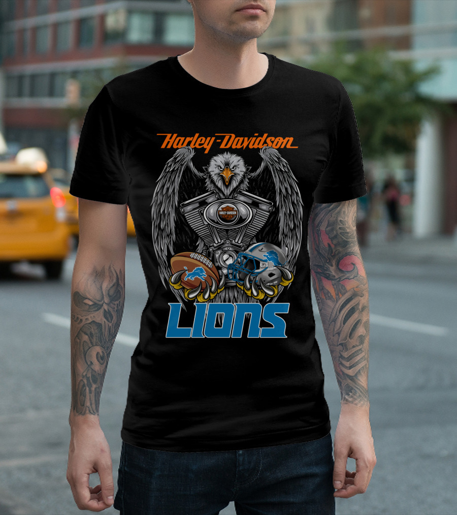 Harley Davidson Detroit Lions Eagle Football Engine T-Shirt