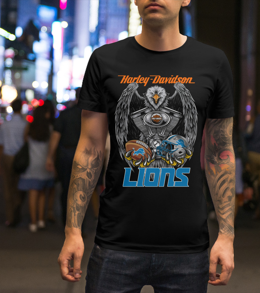 Harley Davidson Detroit Lions Eagle Football Engine T-Shirt