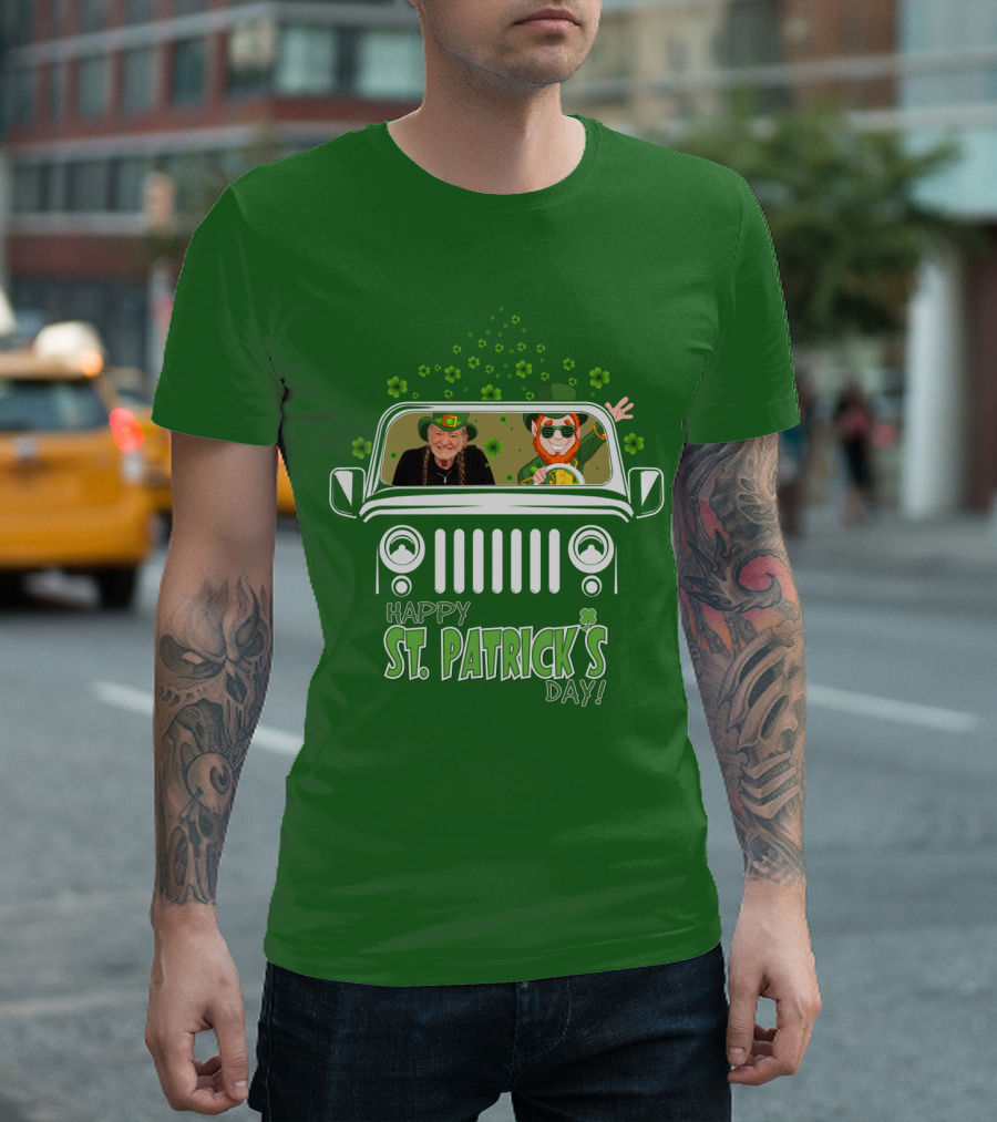 Happy St. Patrick's Day Willie Nelson 51 Jeep With Leprechaun And Clover Themes T-Shirt