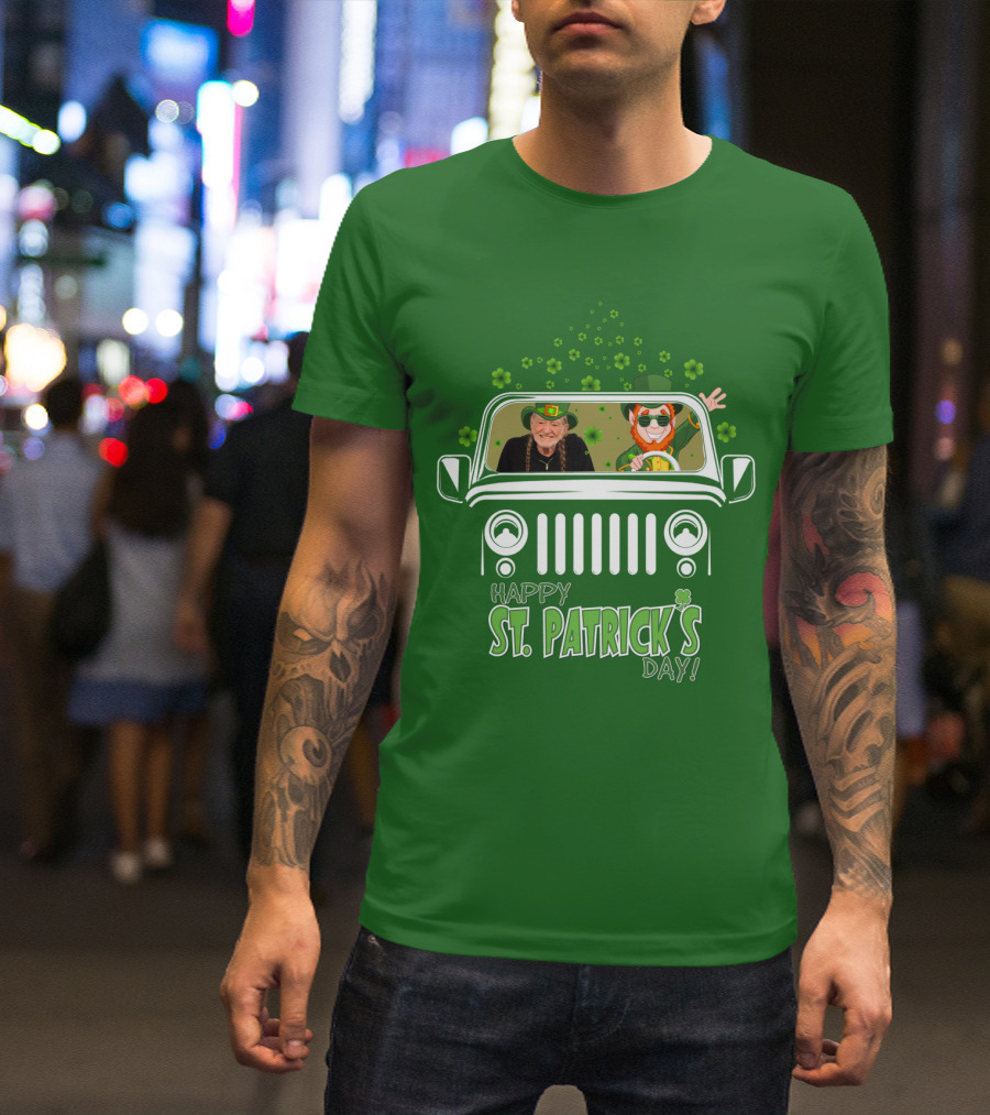 Happy St. Patrick's Day Willie Nelson 51 Jeep With Leprechaun And Clover Themes T-Shirt