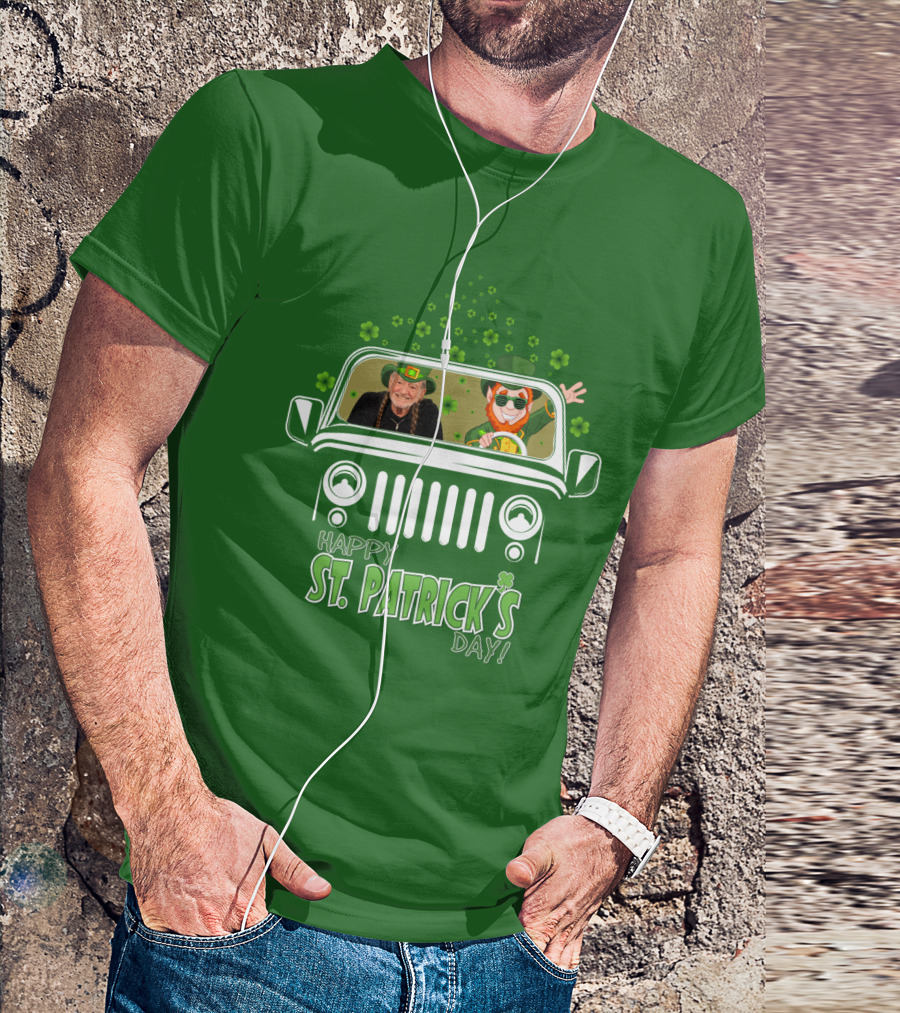 Happy St. Patrick's Day Willie Nelson 51 Jeep With Leprechaun And Clover Themes T-Shirt