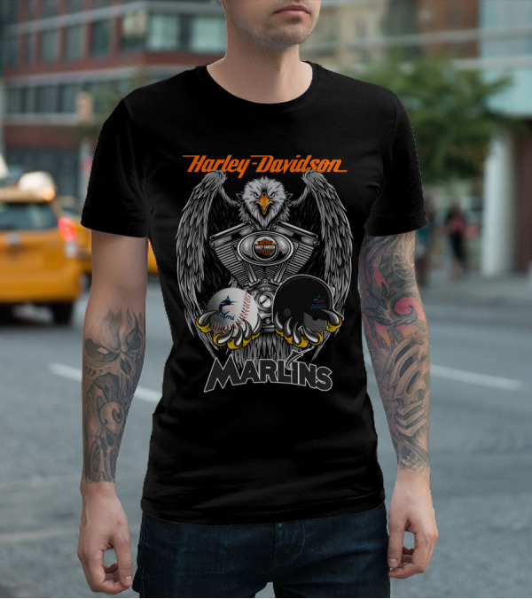 Harley Davidson Eagle Miami Marlins Baseball Helmet T-Shirt