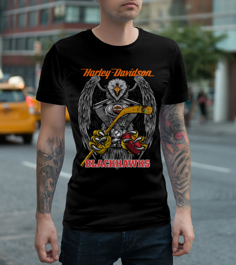Harley Davidson Blackhawks Engine Eagle Hockey Stick T-Shirt